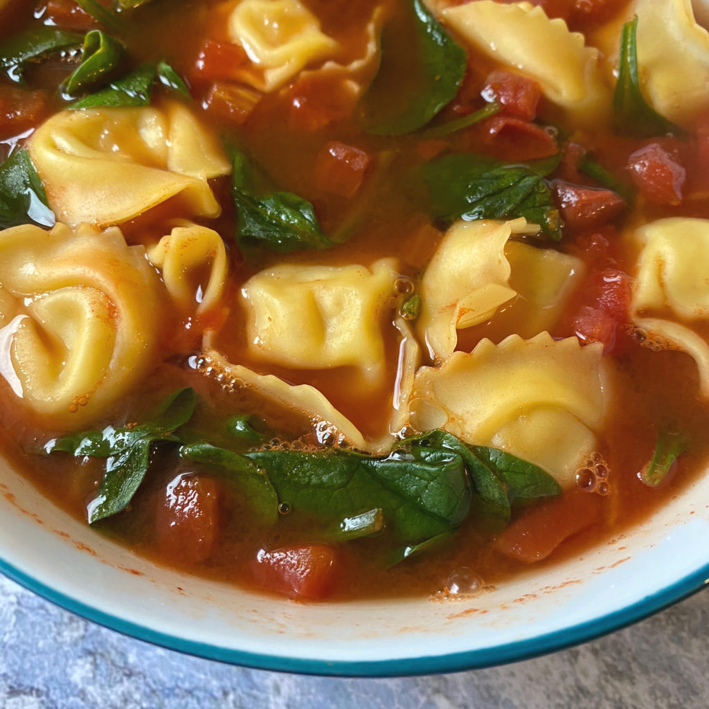 Tortellini Soup with Garlic, Tomatoes & Spinach - The Busy Vegetarian