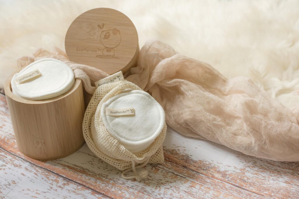 Reusable makeup wipes on a bathroom counter.