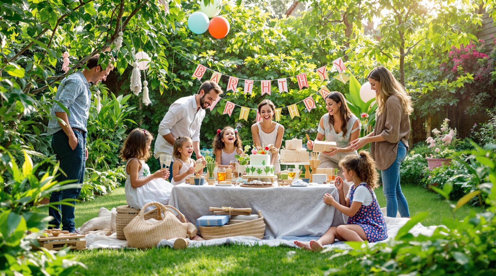 Eco-friendly birthday celebration with reusable decor and sustainable gifts in a lush garden setting.