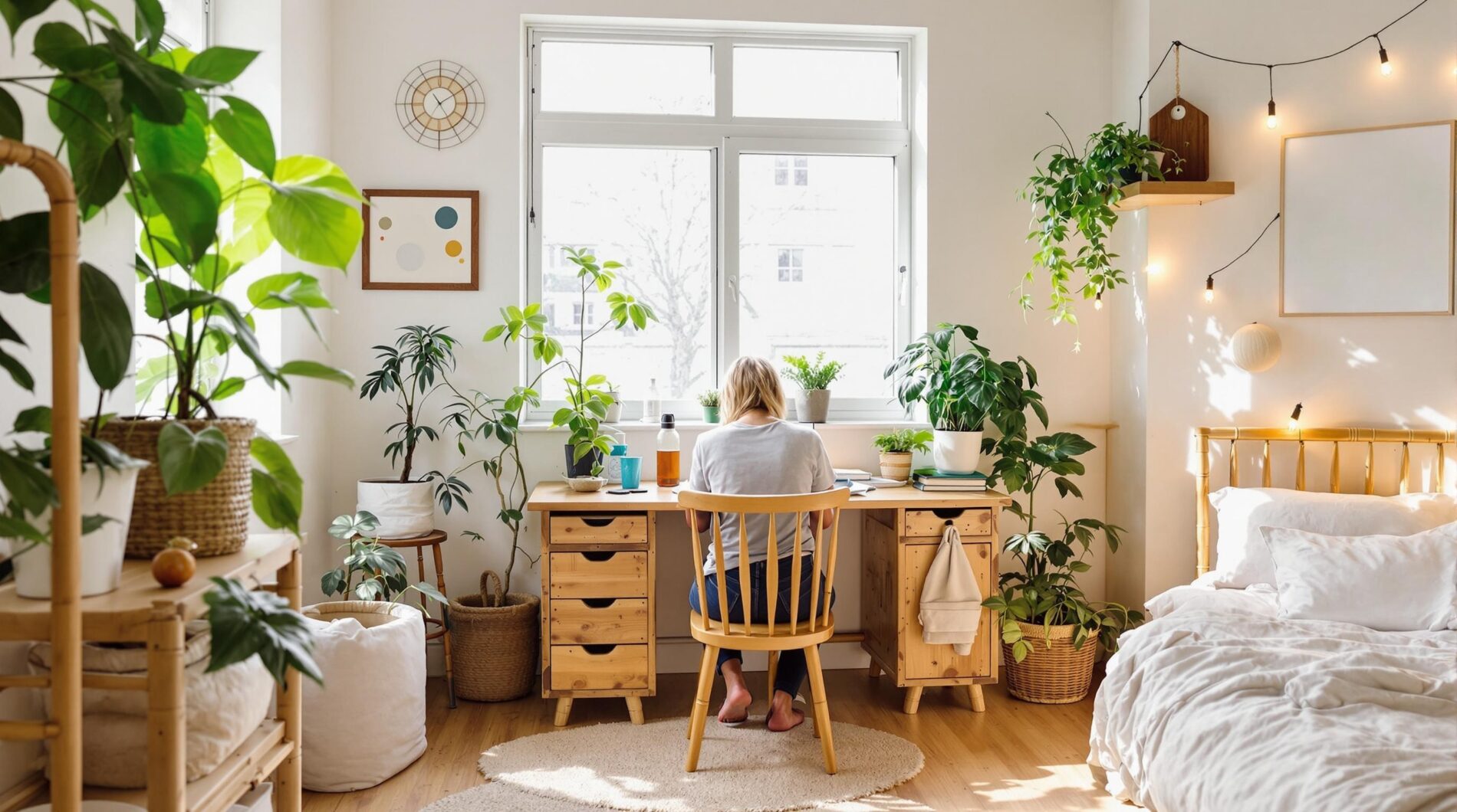 Eco-friendly dorm room with sustainable furniture and decor.