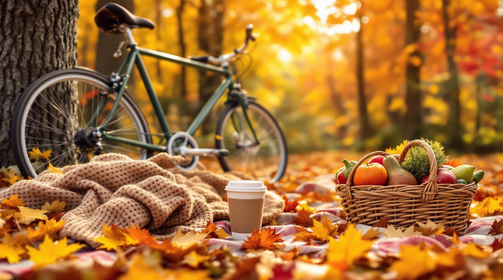 Eco-friendly autumn scene with a reusable coffee cup, a wool sweater, a bicycle, and a basket of local produce among golden leaves.