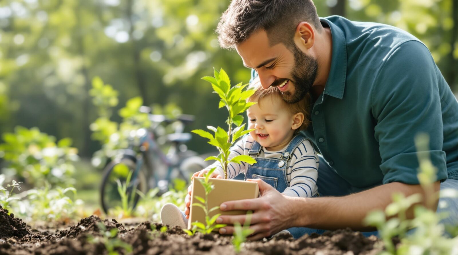 Father and child planting a tree together in a park, representing an eco-friendly Father’s Day celebration.