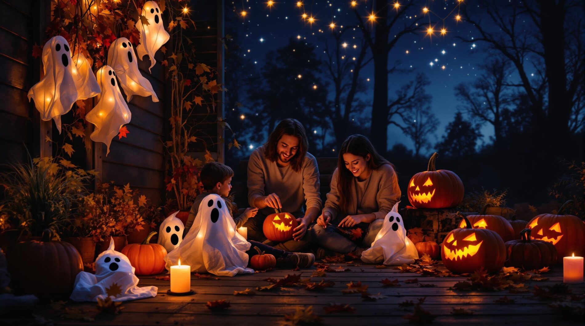 Eco-friendly Halloween decorations with carved pumpkins, fabric ghosts, and dried leaves on a cozy autumn porch.