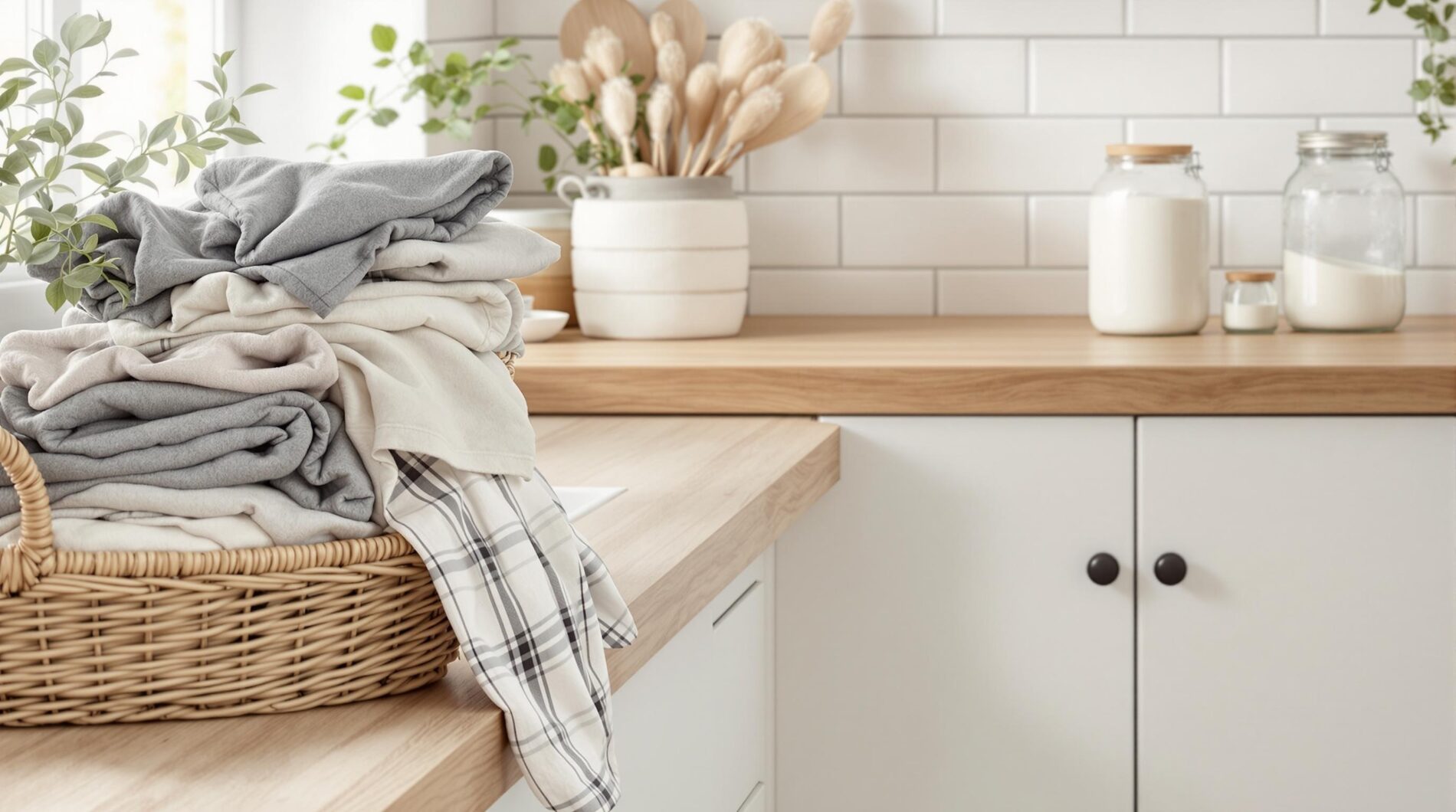 Eco-friendly laundry room with natural detergents and air-drying clothes.