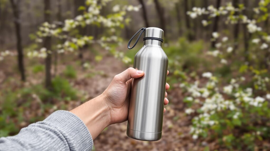 An eco-friendly spring scene featuring blooming flowers, green trees, and a bright blue sky. A person carries a reusable water bottle while walking, a family plants a tree, and a cyclist enjoys a scenic path. Butterflies and bees flutter around wildflowers, symbolizing a healthy environment.