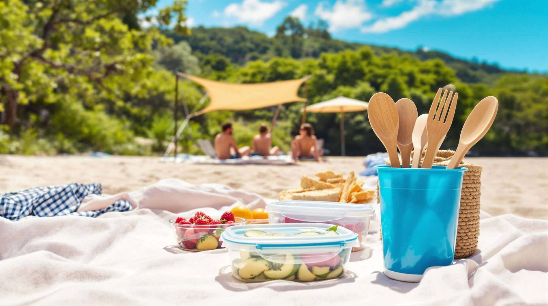 Eco-friendly summer picnic with reusable items and solar-powered gadgets by the beach.