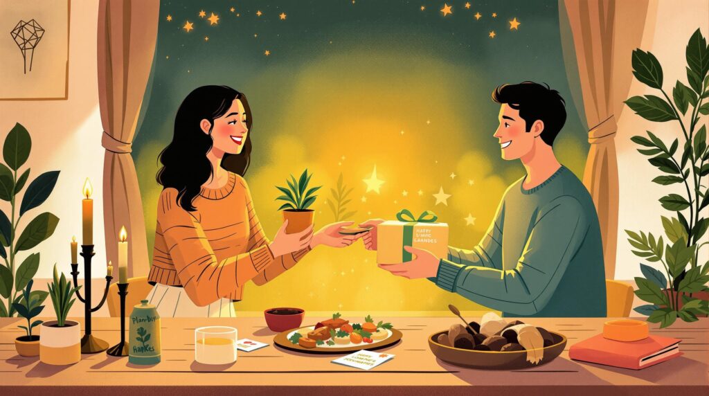 A warm, intimate scene of a couple exchanging sustainable gifts in a softly lit room. The table is set with an eco-friendly dinner, reusable candles, and a handmade card. The inviting atmosphere showcases a thoughtful and environmentally conscious Valentine's Day.