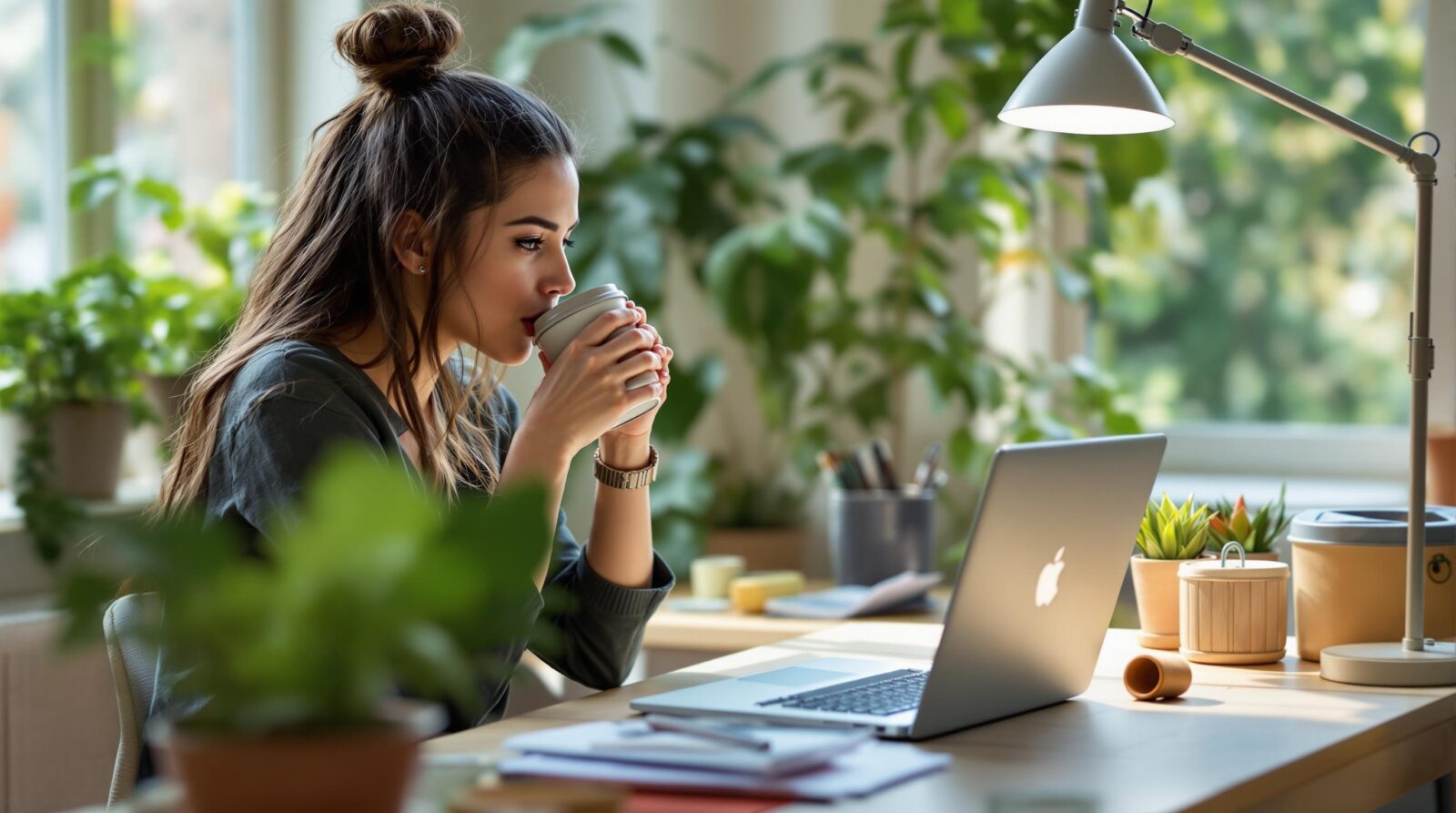 Eco-friendly workspace with sustainable office supplies and natural lighting.