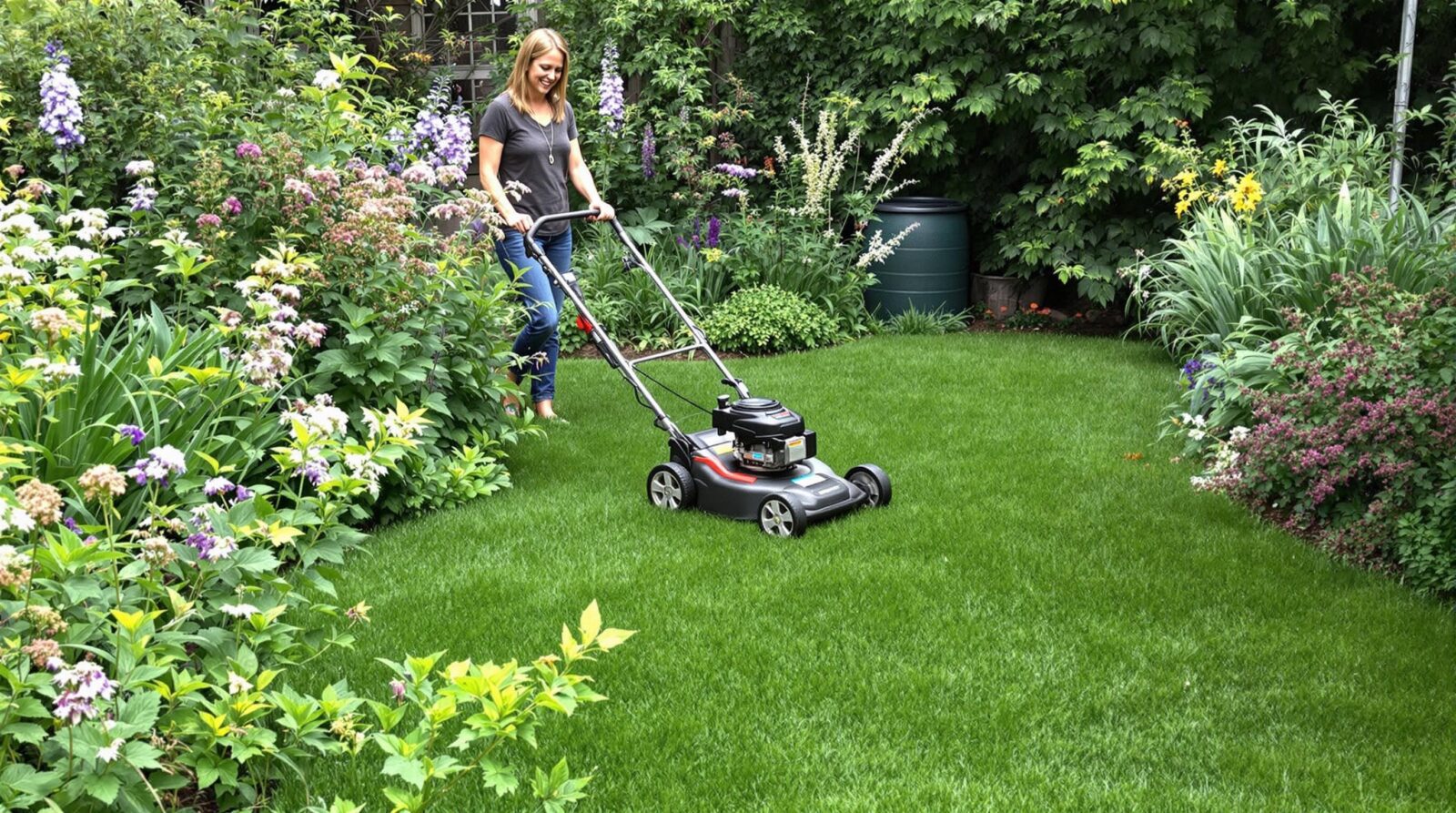 Eco-friendly lawn with native plants, a push mower, and pollinators.