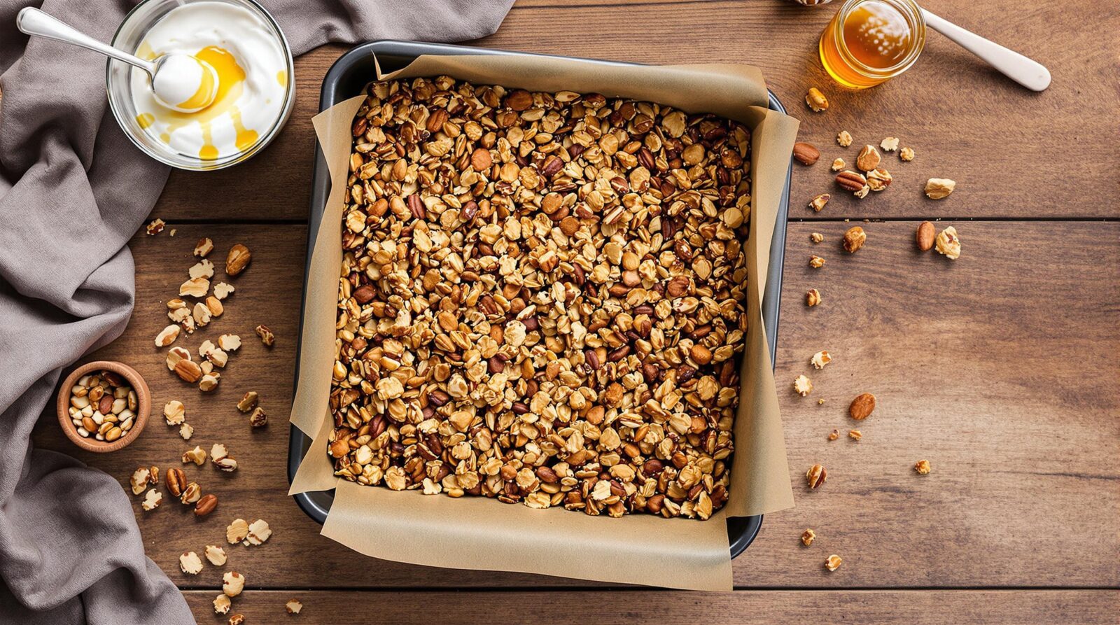 A rustic wooden table with a freshly baked batch of homemade granola in a baking tray, surrounded by a bowl of yogurt, honey, and scattered nuts. Warm, golden hues emphasize the inviting, crunchy texture.