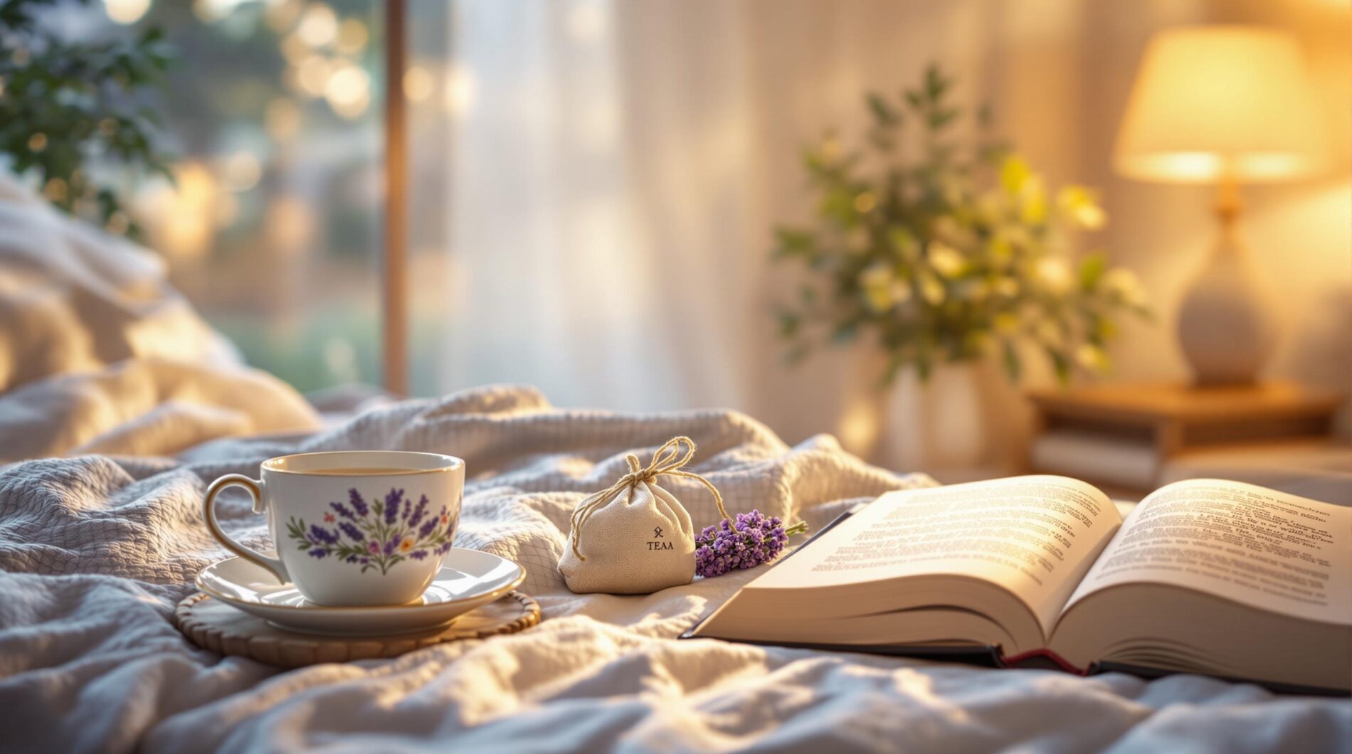 Cozy bedroom with herbal tea, lavender, and a book, evoking a peaceful sleep environment.