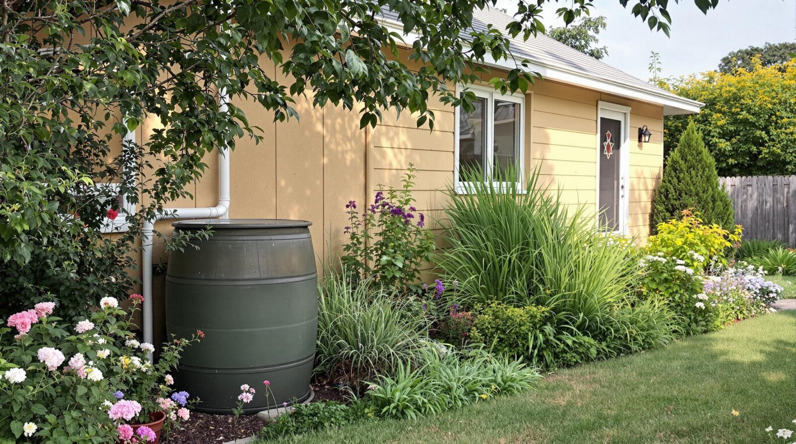 Rain barrel collecting water in a thriving garden next to a house.