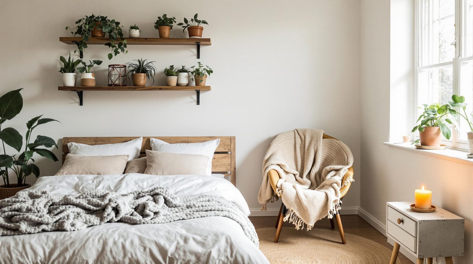 Eco-friendly zero-waste bedroom with natural decor and sustainable materials.